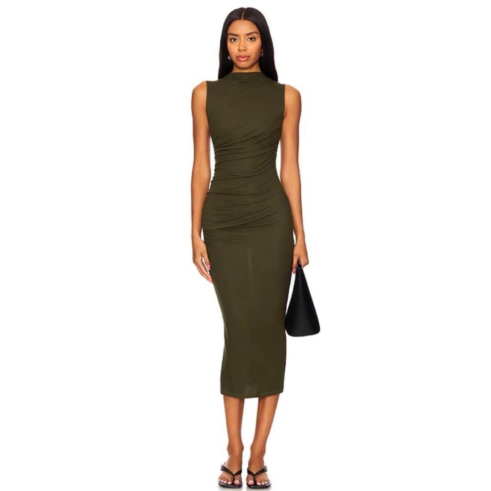 Enza Costa Olive Green Sleeveless Ruched Midi Dress